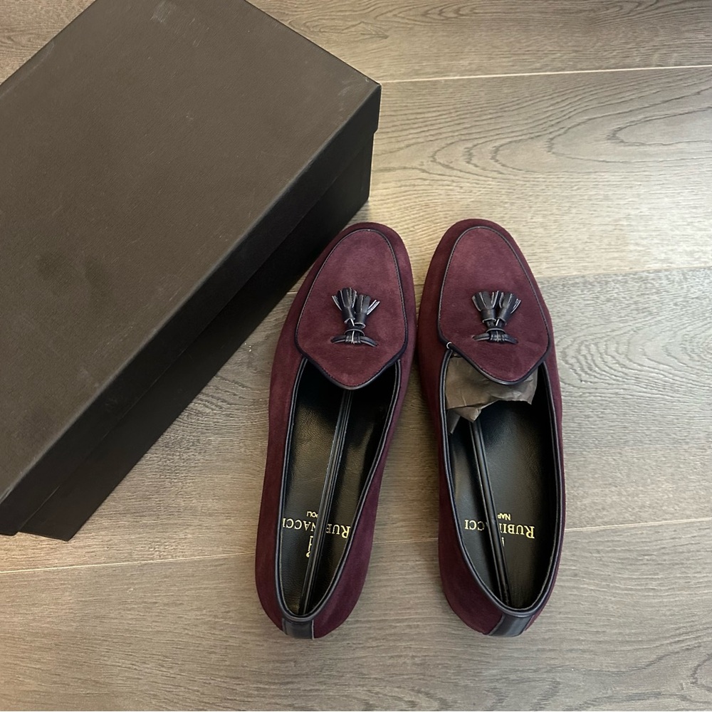 NIB Rubinacci Marphy Tasselled Leather-Trimmed Suede Loafers- Burgundy (Sz 43)